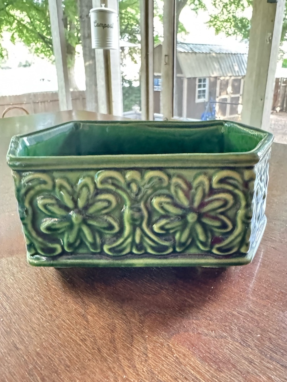 MCM vintage Green Floral Embossed Ceramic Planter